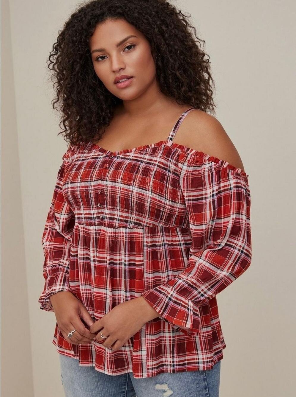 Torrid Autumn Plaid Orange Rust Smocked Off-Shoulder Peplum Sweetheart Top 2X